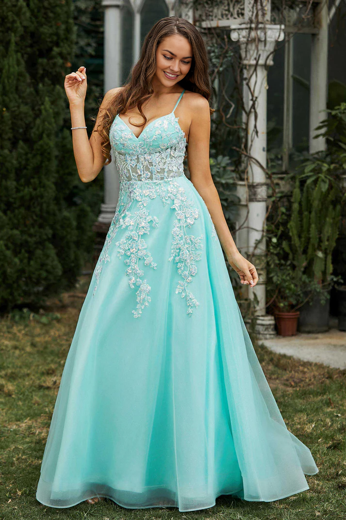 Prom Dresses A-Line Sweetheart Spaghetti Straps Applique Tulle Sweep Train Lace Up Crossed Straps Formal Women's Dresses