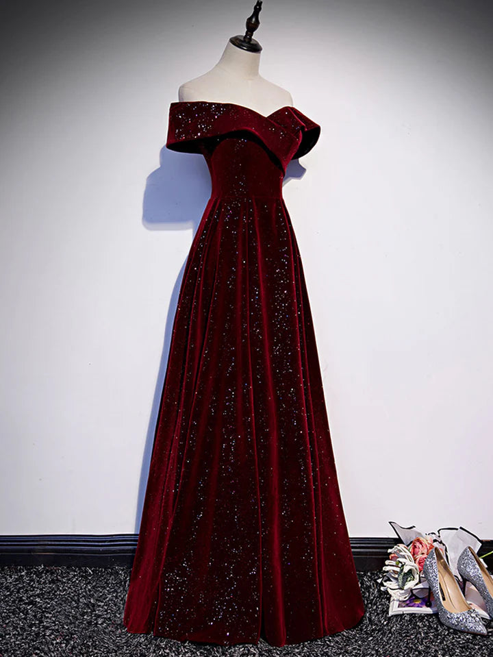 Autumn Winter Wedding Guests Dress A-Line Off Shoulder Velvet Long Length Formal Evening Dress