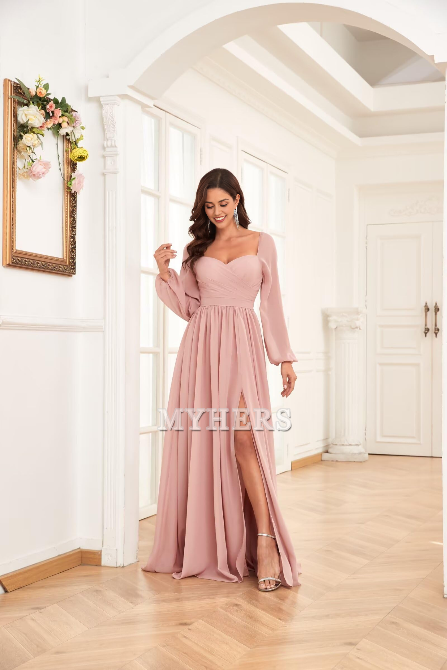 Sweetheart Long Sleeve Pleated Side Fork Chiffon Elegant Bridesmaid Dresses Wedding Guests Dresses
