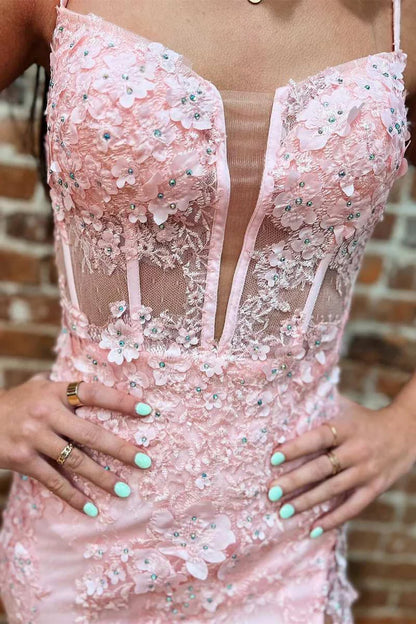 Floral Lace Split Neck Mermaid Long Prom Dress with Slit