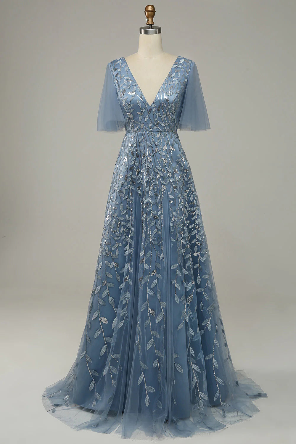 My Hers Ladies Formal Dress Exquisite V Neck Flowing Sleeves Tulle Embroidered Leaves Fashion Prom Dress