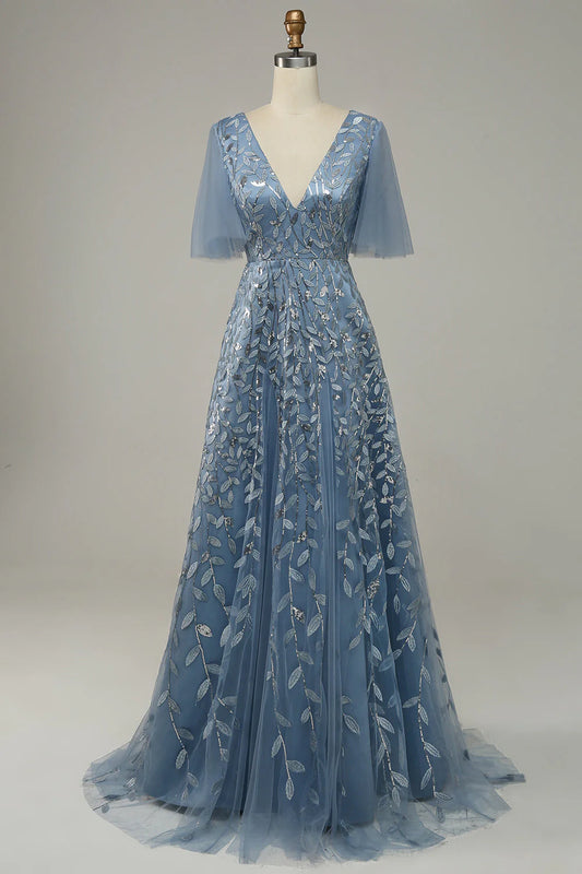 My Hers Ladies Formal Dress Exquisite V Neck Flowing Sleeves Tulle Embroidered Leaves Fashion Prom Dress