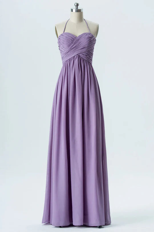 Lavender Chiffon Pleats Off-the-Shoulder Sweetheart Halter Bridesmaid Dress