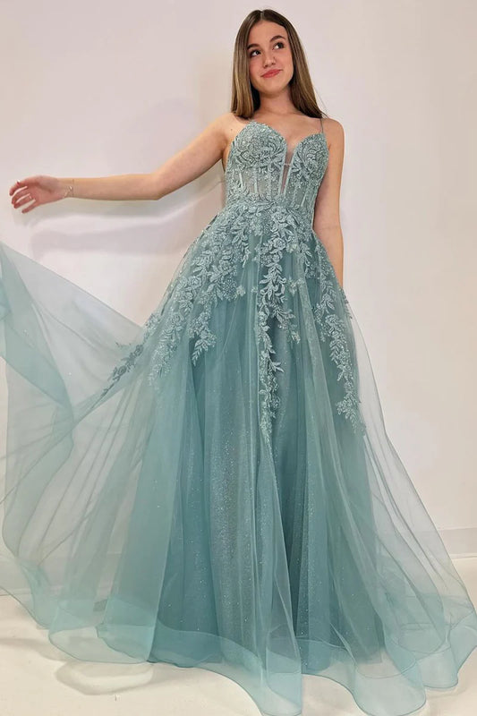 Charming Mermaid V Neck Spaghetti Strap Dusty Green Tulle Long Prom Dress with Appliques
