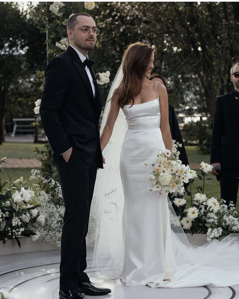 Simple White Sheath Wedding Gown,Spaghetti Straps Bridal Dresses