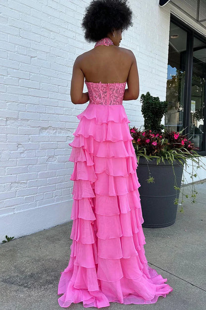 Cute Sheath Halter Neck Pink Chiffon Cupcake Backless Prom Dresses