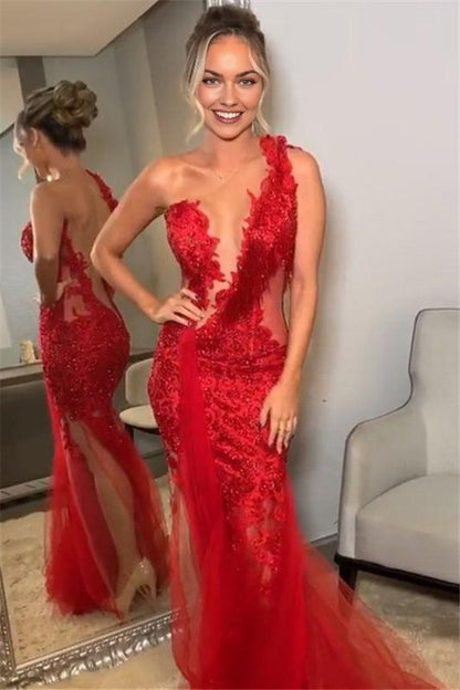 Sheath Mermaid One Shoulder Open Back Sexy Tullle Brush Train  Prom Dresses With Applique