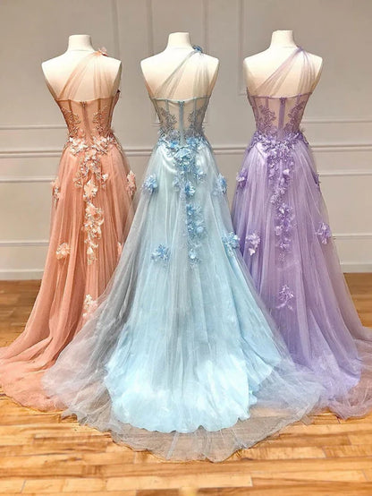 A Line One Shoulder Long Light Blue Lilac Prom Dress With Appliques