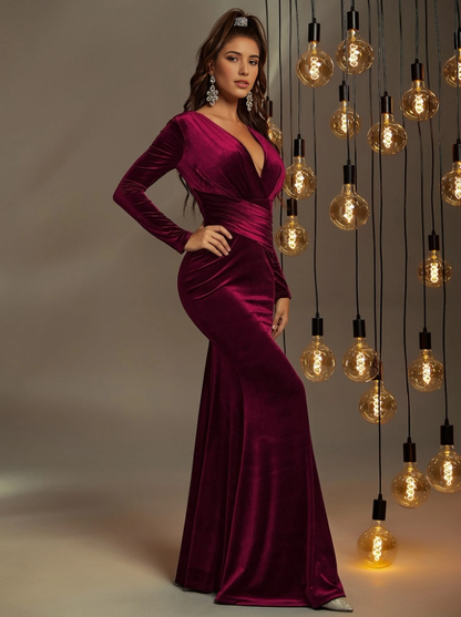 Autumn Winter Wedding Guests Dress Deep V Neck Mermaid Cultivate oneself Velvet Formal Evening Dress