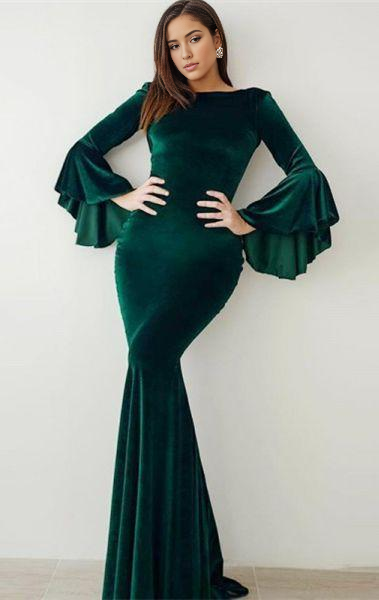 Glamorous Mermaid Cultivate oneself Velvet Wedding Guests Dress Long sleeves Vintage Evening Dress