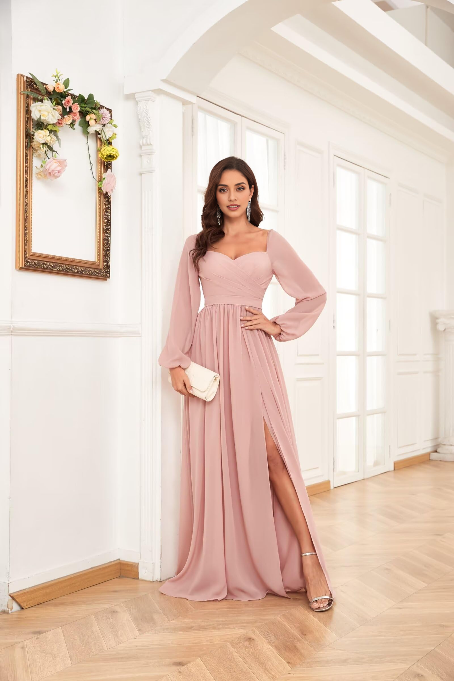 Sweetheart Long Sleeve Pleated Side Fork Chiffon Elegant Bridesmaid Dresses Wedding Guests Dresses