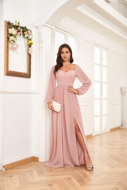 Sweetheart Long Sleeve Pleated Side Fork Chiffon Elegant Bridesmaid Dresses Wedding Guests Dresses