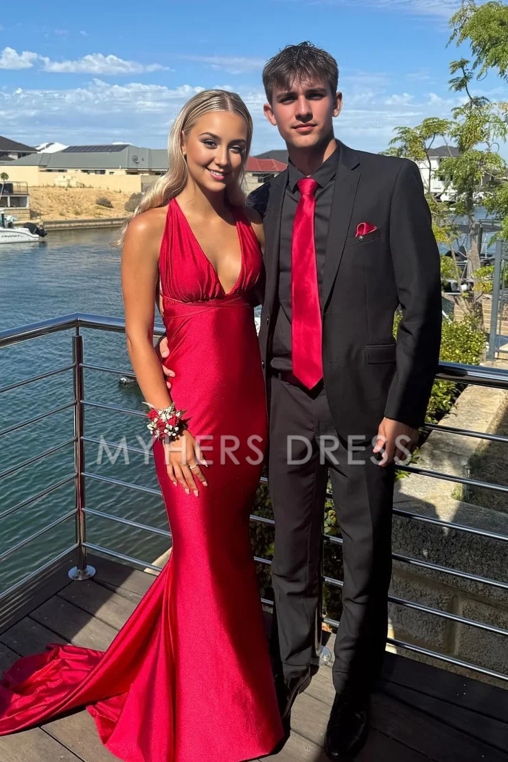 My Hers Ladies Formal Dress Charming Mermaid Deep V Neck Backless Satin Sexy Prom Dress
