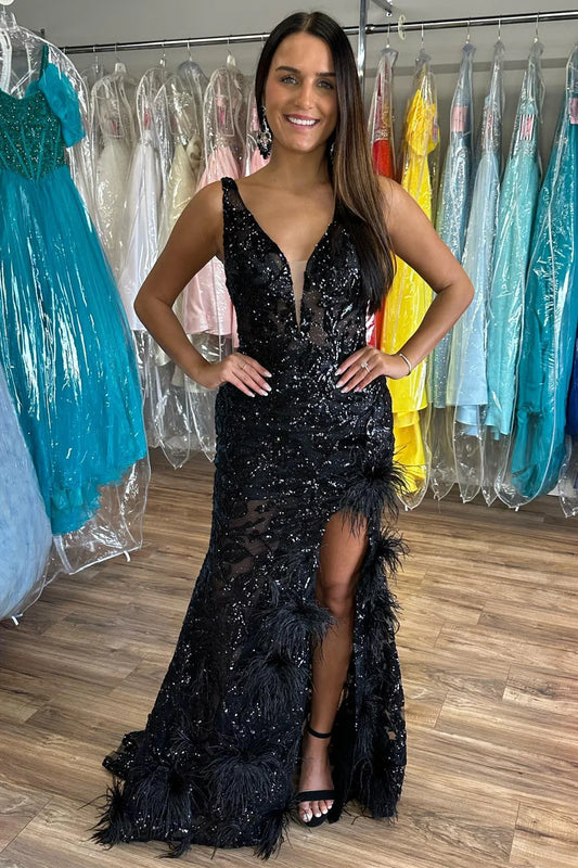 Sequin Appliques Plunge V Mermaid Long Formal Dress