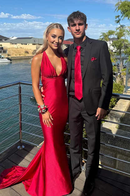 My Hers Ladies Formal Dress Charming Mermaid Deep V Neck Backless Satin Sexy Prom Dress