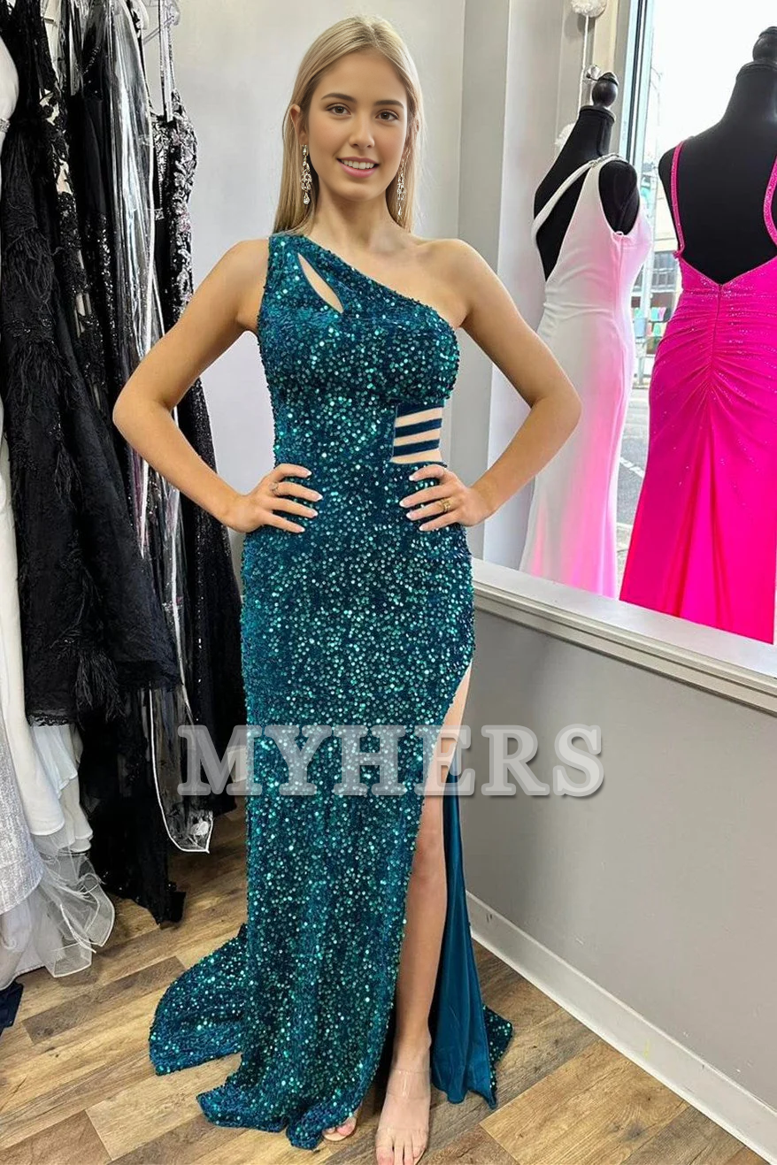 Formal Women's Dresses Wedding Guest Dresses One-Shoulder Turquoise Sequin Keyhole Long Prom Dress Side Fork Lace up Backless Fashion Evening Dress