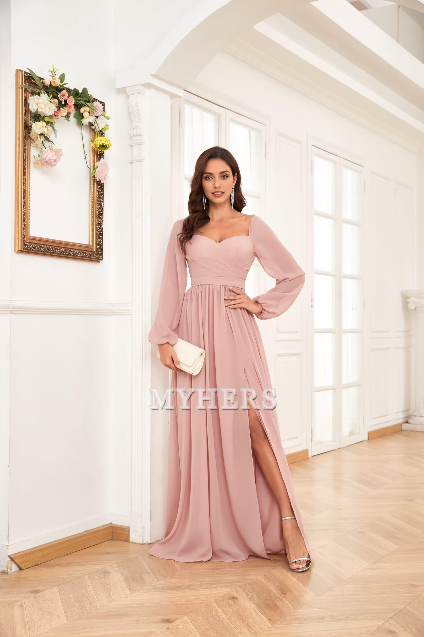 Sweetheart Long Sleeve Pleated Side Fork Chiffon Elegant Bridesmaid Dresses Wedding Guests Dresses