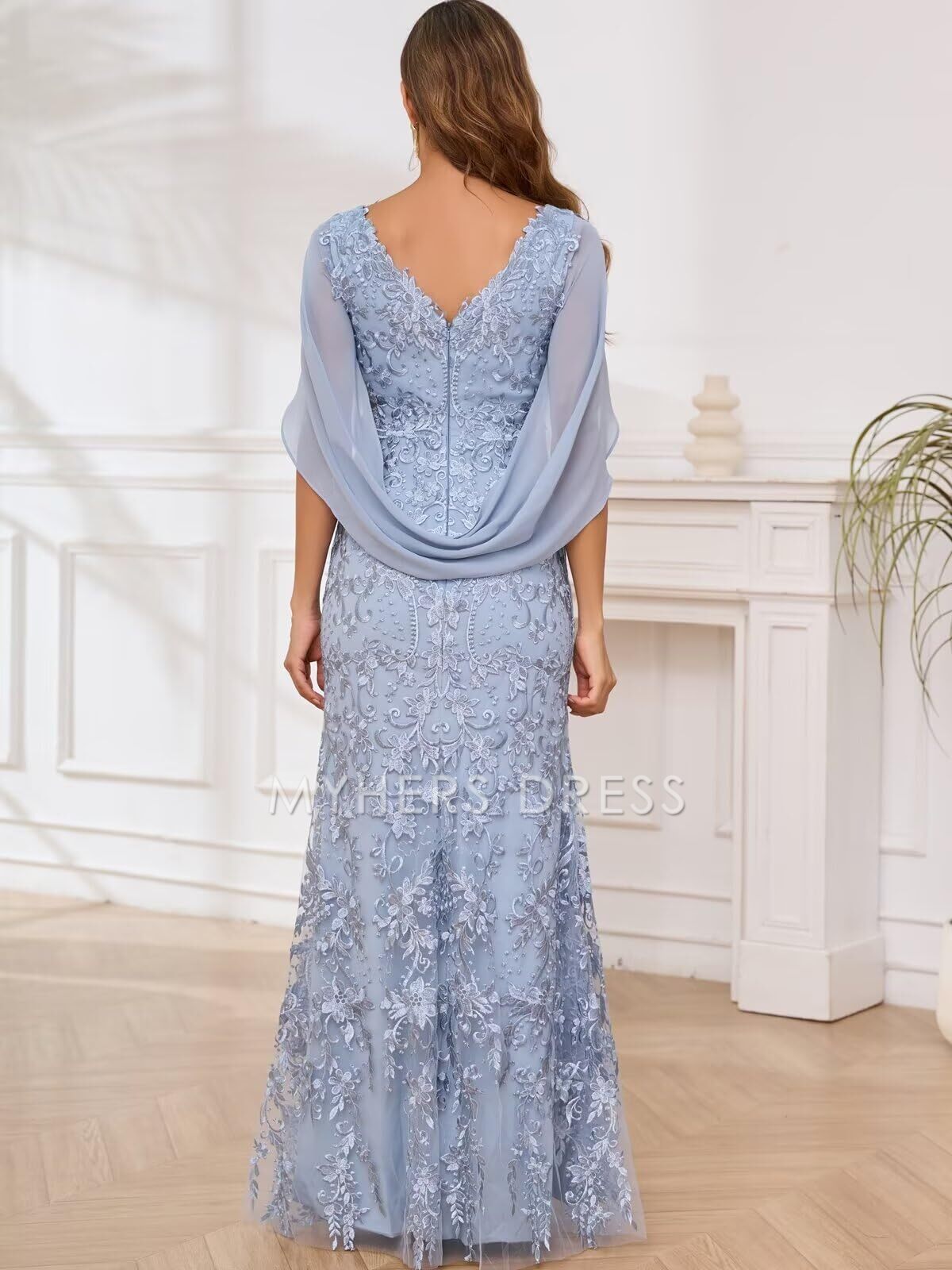 My Hers New Product Mother of The Bride Dress Magnetic Mermaid V Neck Lace Long Dresses Exquisite Gown Cape Sleeves Wedding Guests Dresses