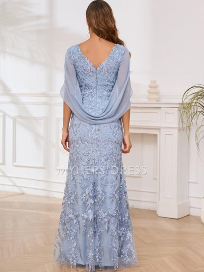 My Hers New Product Mother of The Bride Dress Magnetic Mermaid V Neck Lace Long Dresses Exquisite Gown Cape Sleeves Wedding Guests Dresses