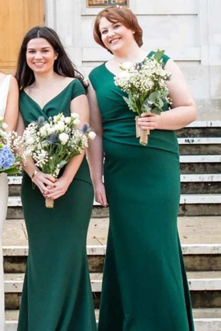 Hunter Green V-Neck Mermaid Pleats Split Fork Long Bridesmaid Dress