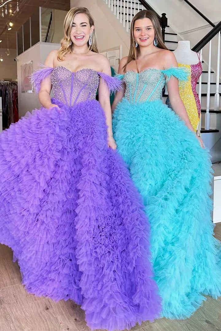 Beaded Feather Off-the-Shoulder Tiered Long Prom Dress with Ruffles