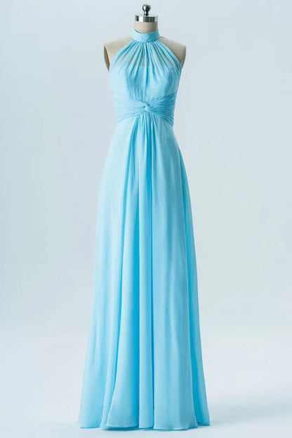 Light Blue Chiffon High Halter Collar Twist-Front Bridesmaid Dress ﻿