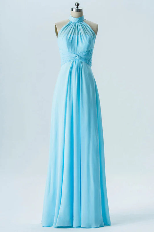 Light Blue Chiffon High Halter Collar Twist-Front Bridesmaid Dress ﻿