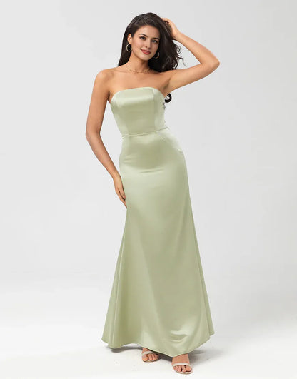 Strapless Off-the-Shoulder Satin Sheath Green Slim-fit Bridesmaid Dress