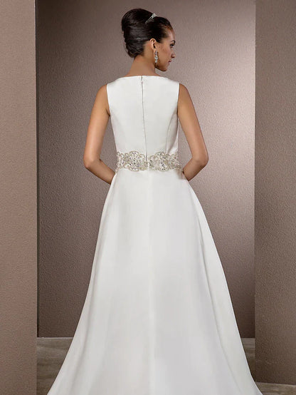 Wedding Dresses Bateau Neck Cathedral Train Satin Regular Straps Vintage Inspired with Beading