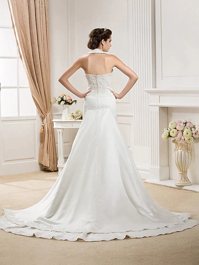 Wedding Dresses Halter Neck Court Train Satin Sleeveless