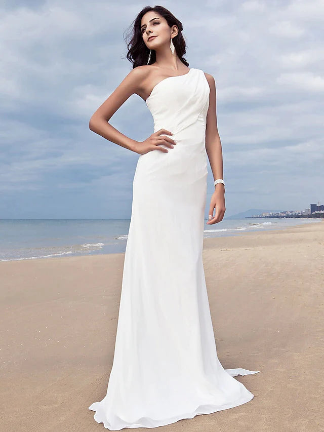 Wedding Dresses One Shoulder Chiffon Regular Straps Simple Plus Size with Side-Draped