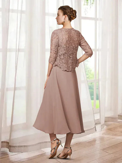 Two Piece A-Line Mother of the Bride Dress Elegant Jewel Neck Tea Length Chiffon Lace Half Sleeve with Appliques