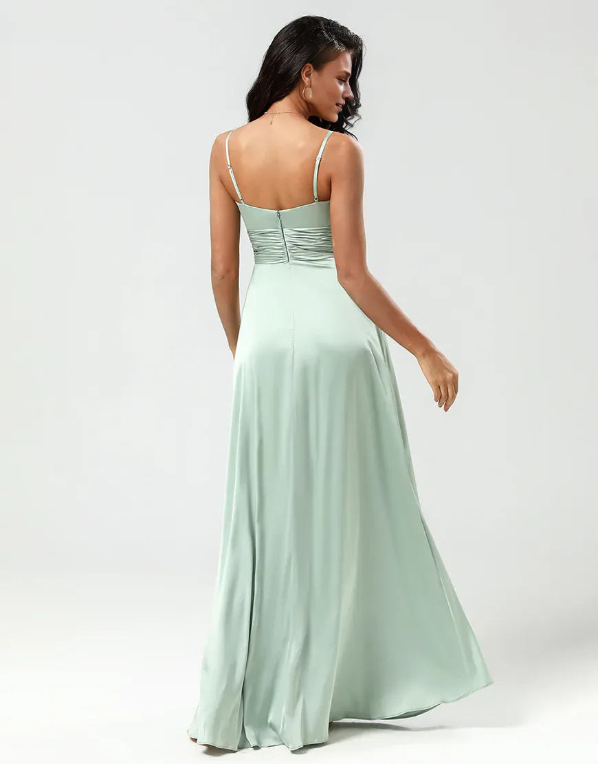 Spaghetti Straps Keyhole V-Neck A Line Green Bridesmaid Dress with Slit