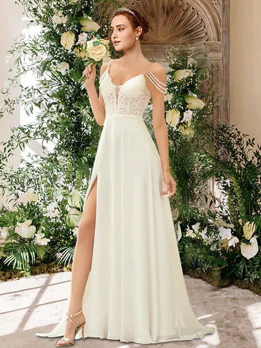 A-Line Wedding Dresses Sweetheart Neckline Spaghetti Strap Chiffon Lace Sleeveless Simple Sexy with Beading Appliques Split Front