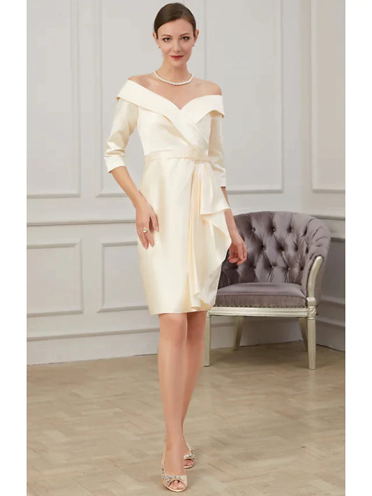 Mother of the Bride Dress Plus Size Off Shoulder Knee Length Polyester Half Sleeve with Ruffles Ruching  5 reviews