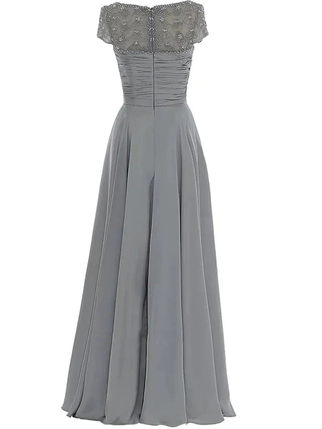 Mother of the Bride Dress Elegant Jewel Neck Floor Length Chiffon Sleeveless with Pleats Beading