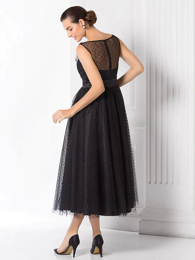 A-Line Vintage Wedding Guest Black Cocktail Party Dress Illusion Neck Sleeveless Tea Length Tulle with Pattern PrintA-Line Vintage Wedding Guest Black Cocktail Party Dress Illusion Neck Sleeveless Tea Length Tulle with Pattern Print