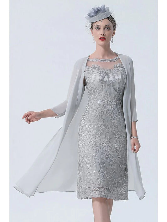 Two Piece Mother of the Bride Dress Plus Size Vintage Sexy Jewel Neck Tea Length Chiffon 3/4 Length Sleeve with Lace
