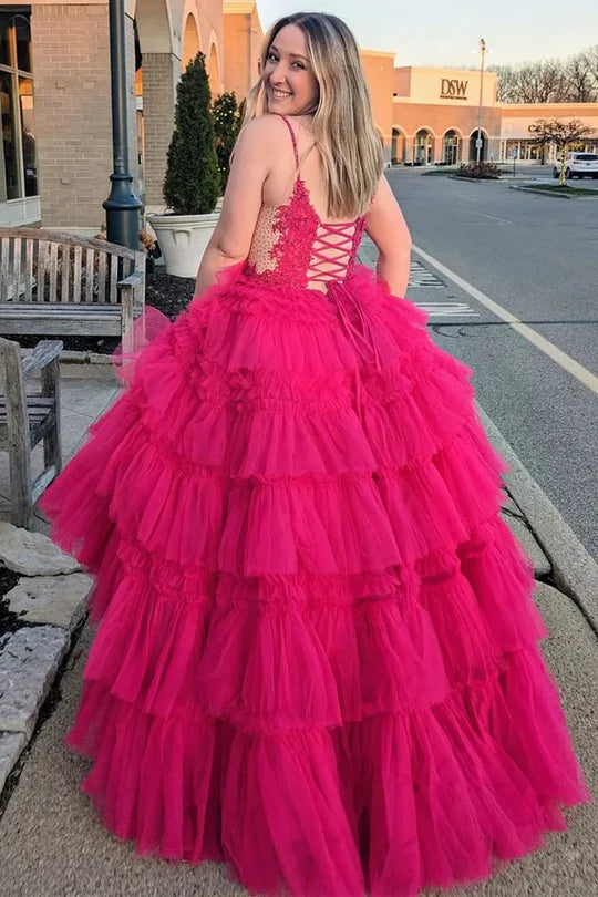 Beaded Spaghetti Strap Ruffle Tiered Ball Gown