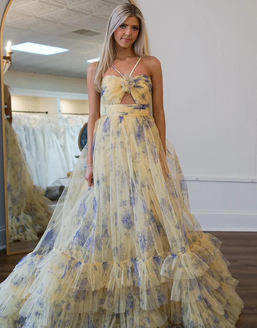 A-Line Halter Tiered Long Prom Dress