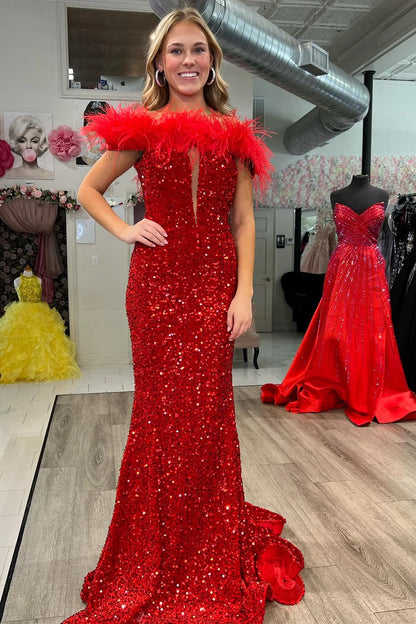 Off-the-Shoulder Royal Blue Sequin Feathers Keyhole Long Dress