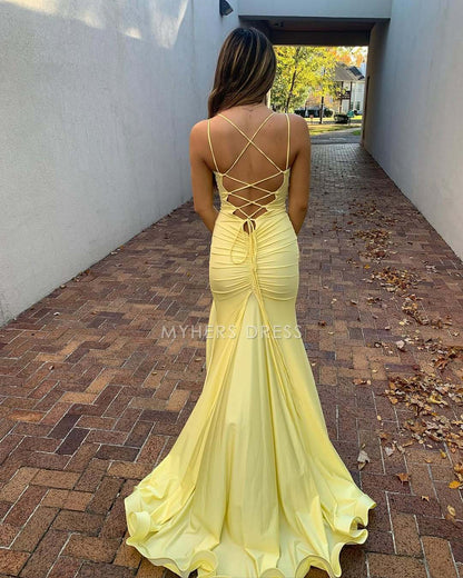 My Hers Prom Dress Mermaid V Neck Spaghetti Strap Backless Side Fork Long Charming Ladies Formal Dress