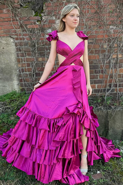 Cutout Ruffle A-Line Long Prom Dress with Slit