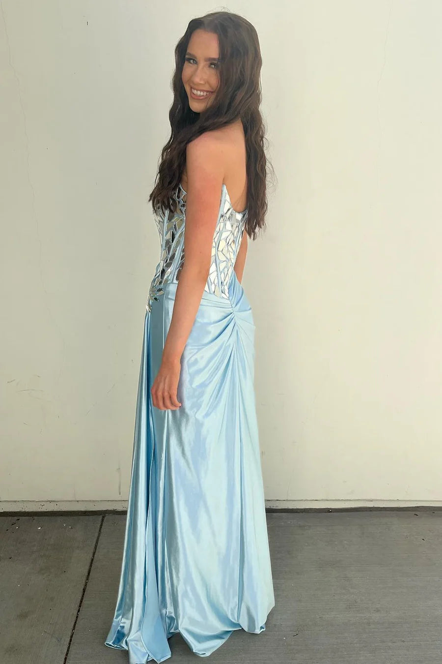 One-Shoulder Ruching Long Formal Dress with Broken Mirrors