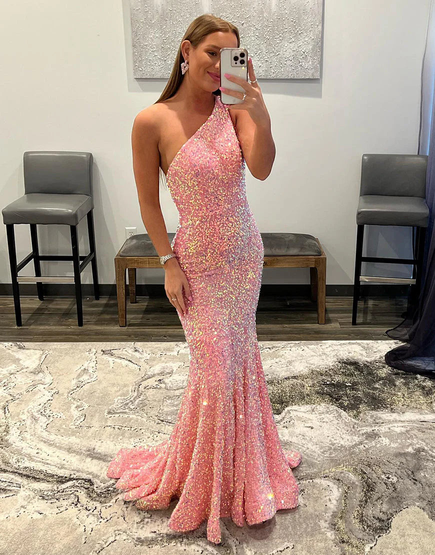 Mermaid Sequin One Shoulder Backless Prom Dress