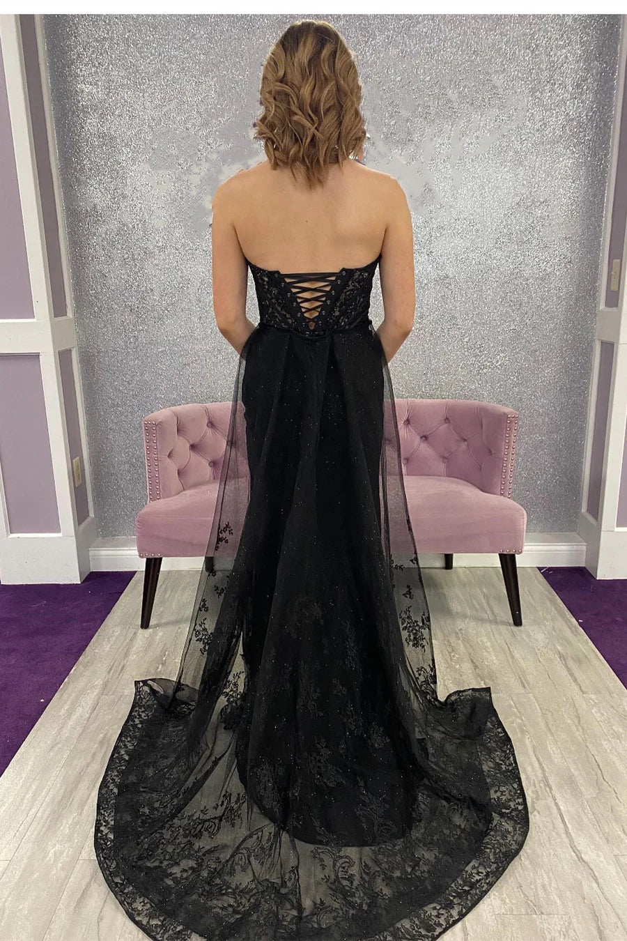 Lace Strapless Long Formal Dress with Attached Train