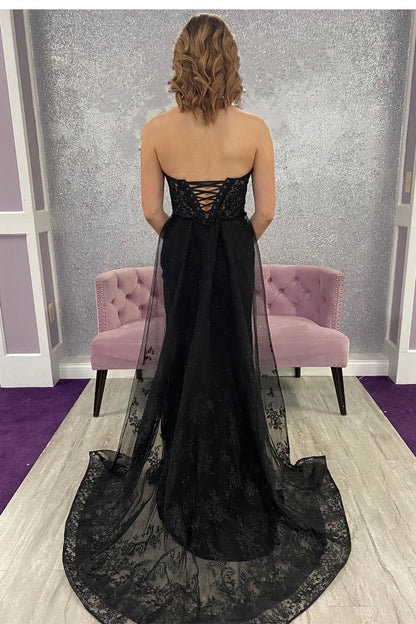Lace Strapless Long Formal Dress with Attached Train