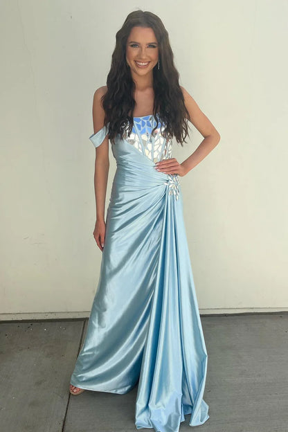 One-Shoulder Ruching Long Formal Dress with Broken Mirrors
