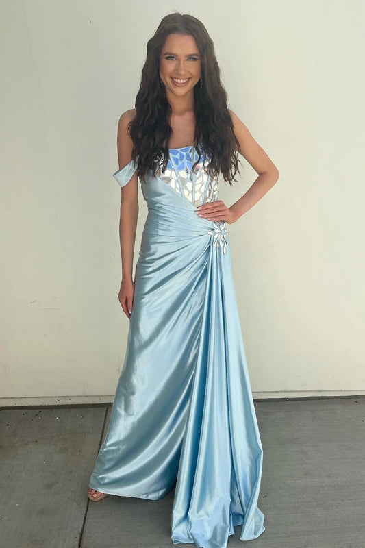 One-Shoulder Ruching Long Formal Dress with Broken Mirrors