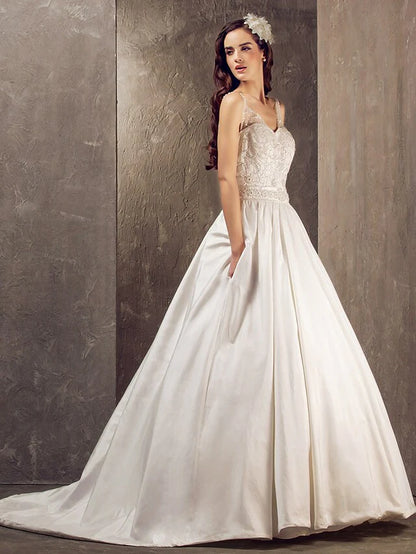 Princess A-Line Wedding Dresses V Neck Lace Taffeta Sleeveless